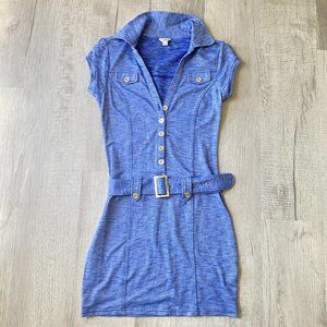 Guess Stunning Blue Belted Mini Dress with Collar Size S